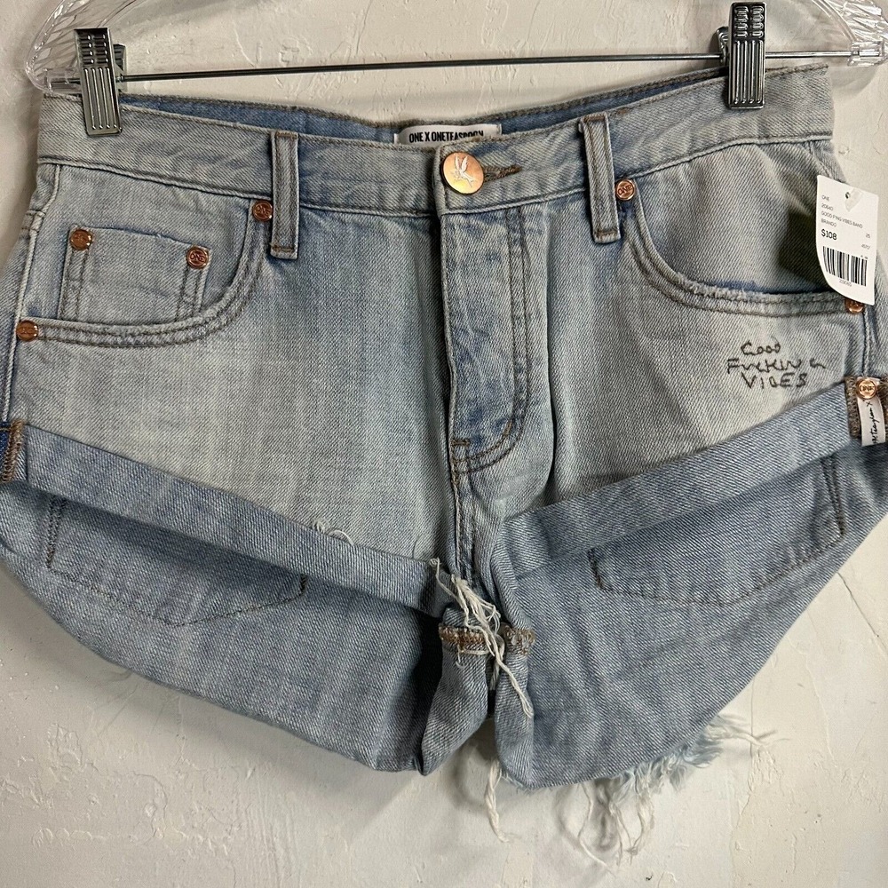 One Teaspoon Denim Shorts Good F*ING Vibes Band Womens 25 Distressed NEW